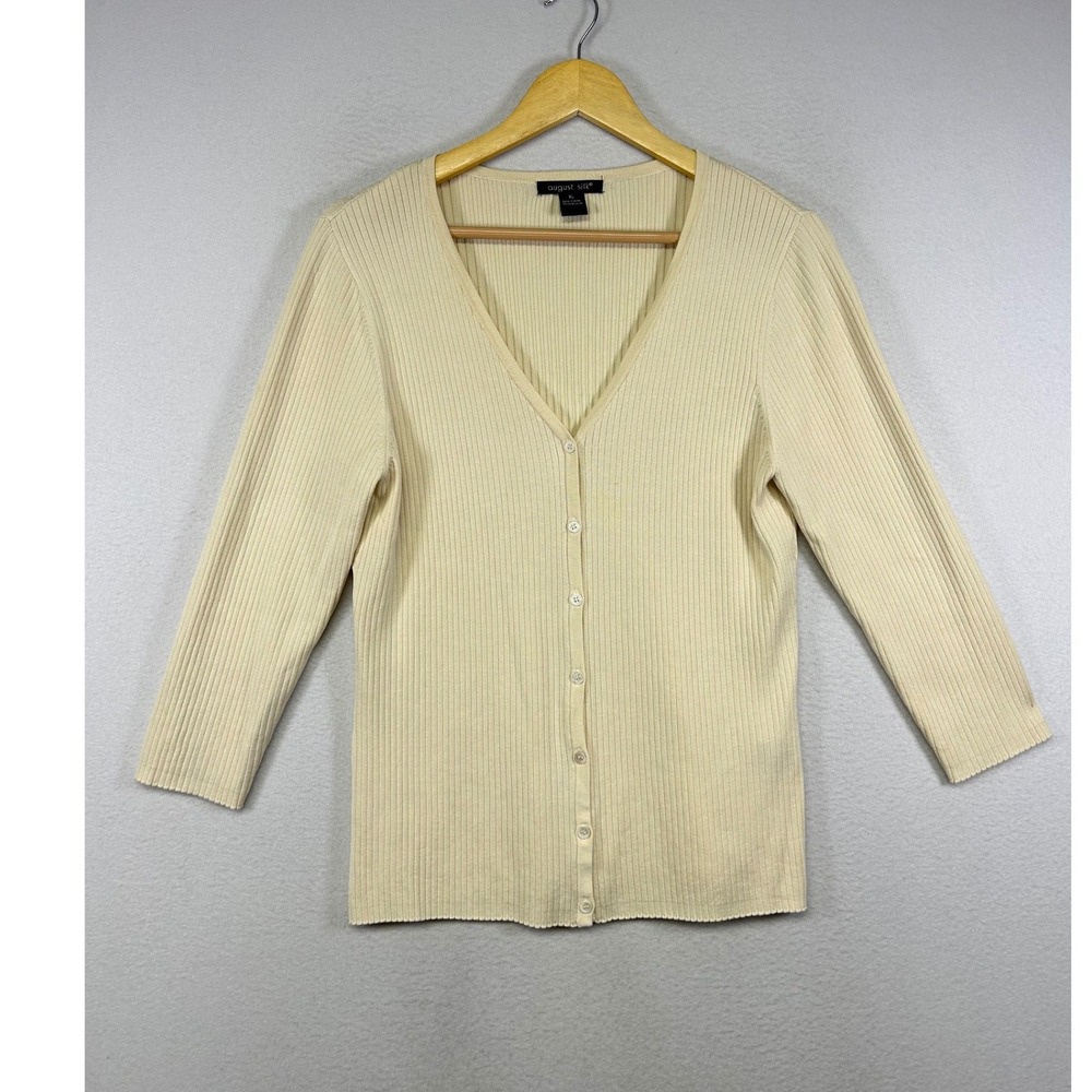 Minimalist August Silk Womens XL Cream Ribbed Silk Blend V-Neck Cardigan Sweater